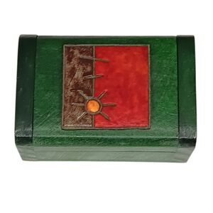 Vintage Carved Wood Trinket Box Green Red Brown With Sun From Colombia 3x2x1.25